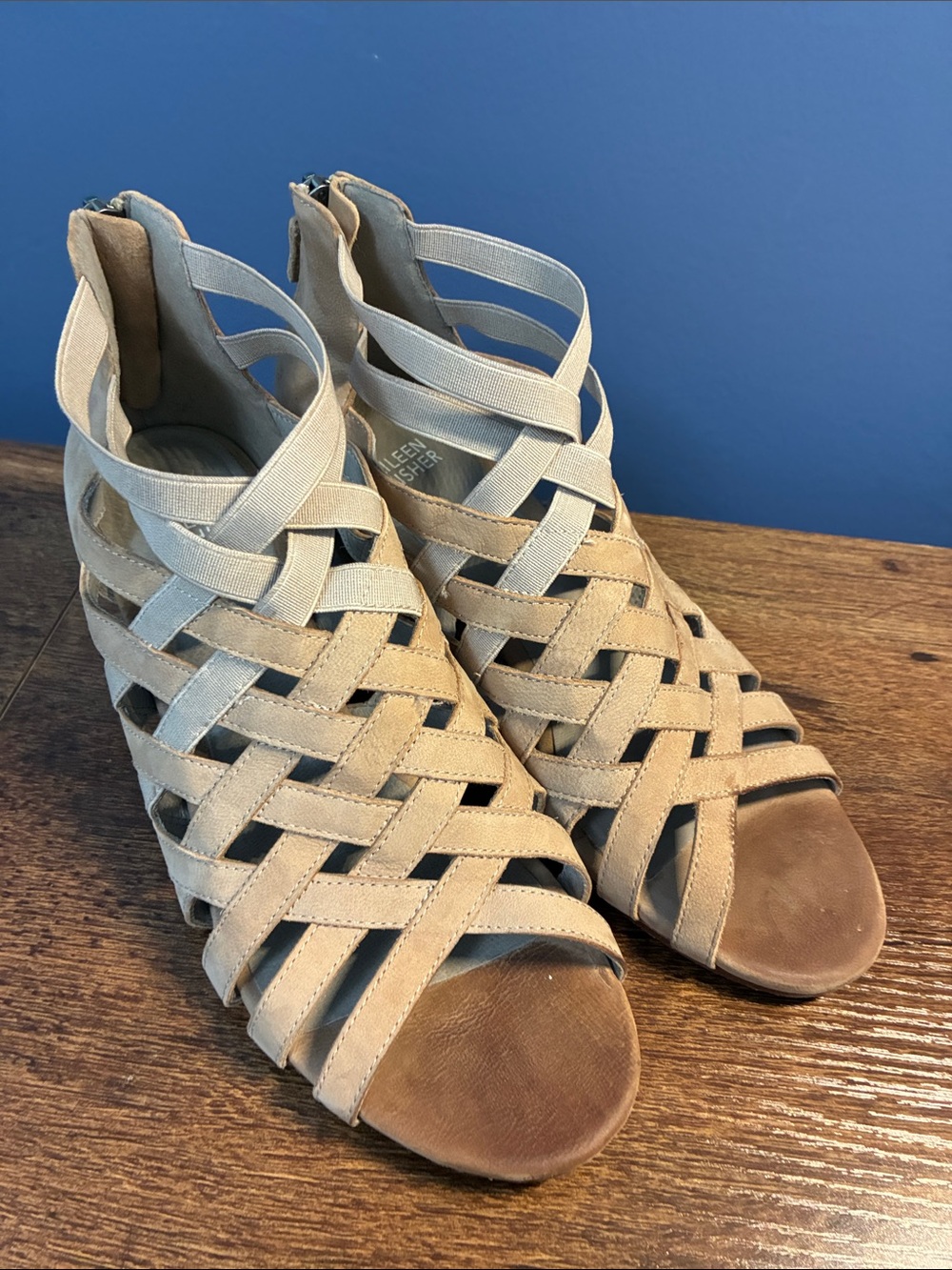 Eileen Fisher Vero Cuoio Beige Woven Peep-Toe Heeled Sandals